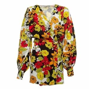 The Attico- NWOT Red & Yellow 70s Print Floral Wrap Mini Dress w/ Puff Sleeves